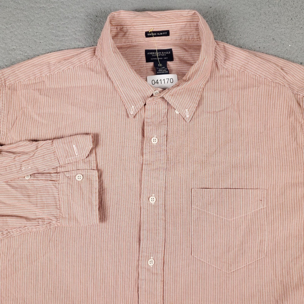 American Eagle Shirt Mens 2XL Coral Striped Casual Button Up Long Sleeve *